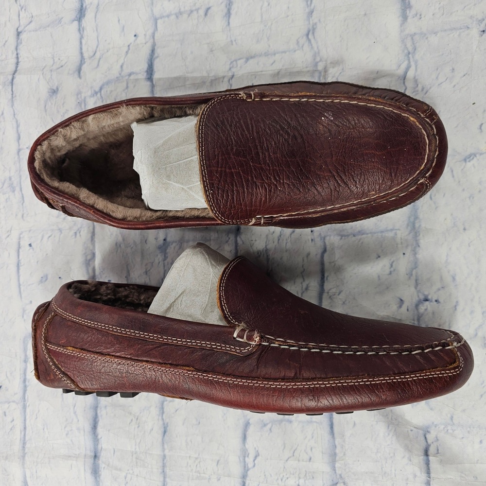Duluth Driving Loafers Mens 14 Brown Bison Leather Faux Fur Lined Moccasins Slip